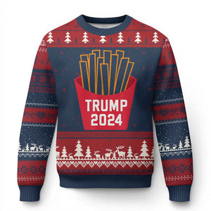 Funny Trump 2024 French Fries Ugly Christmas Sweater Fast Food Lover TS02 Navy Red Print Your Wear