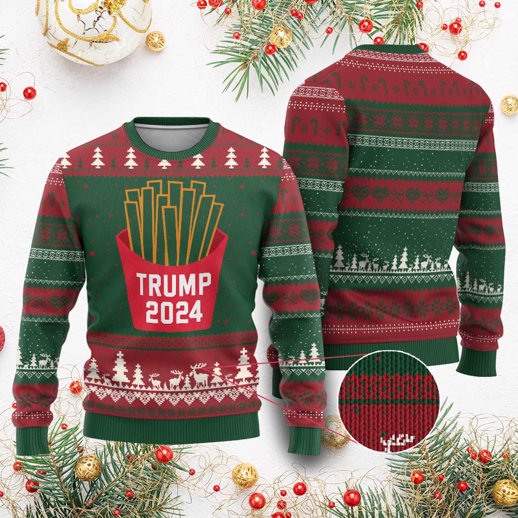 Funny Trump 2024 French Fries Ugly Christmas Sweater Fast Food Lover TS02 Red Green Print Your Wear