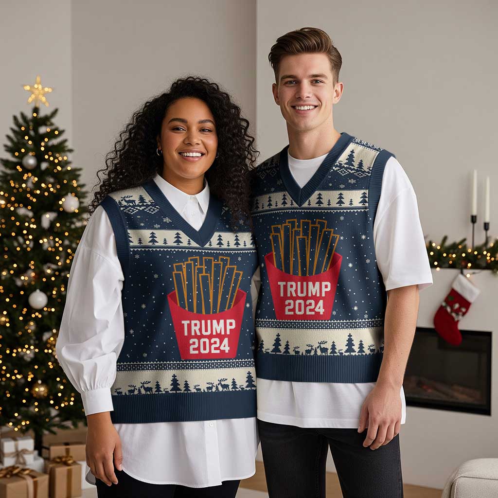 Funny Trump 2024 French Fries V-Neck Knit Sweater Vest Fast Food Lover TS02 Navy Beige Print Your Wear