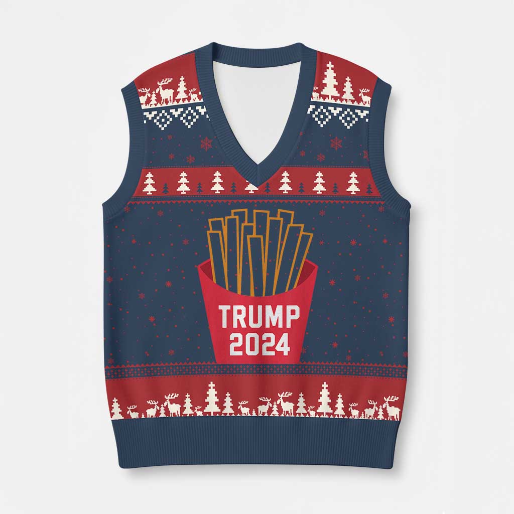 Funny Trump 2024 French Fries V-Neck Knit Sweater Vest Fast Food Lover TS02 Navy Red Print Your Wear