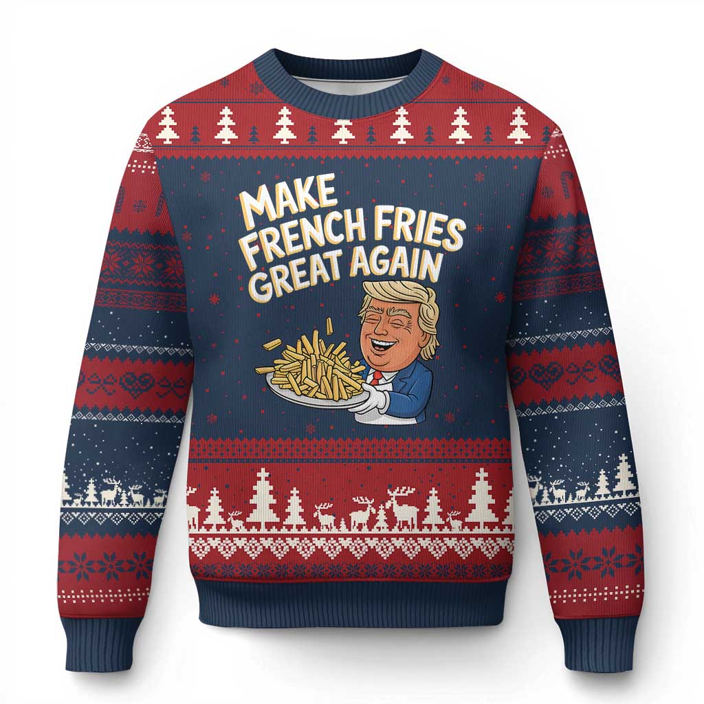 Funny Trump Fry 2024 Ugly Christmas Sweater Make French Fries Great Again Cooking TS02 Navy Red Print Your Wear