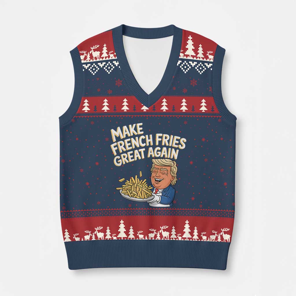 Funny Trump Fry 2024 V-Neck Knit Sweater Vest Make French Fries Great Again Cooking TS02 Navy Red Print Your Wear