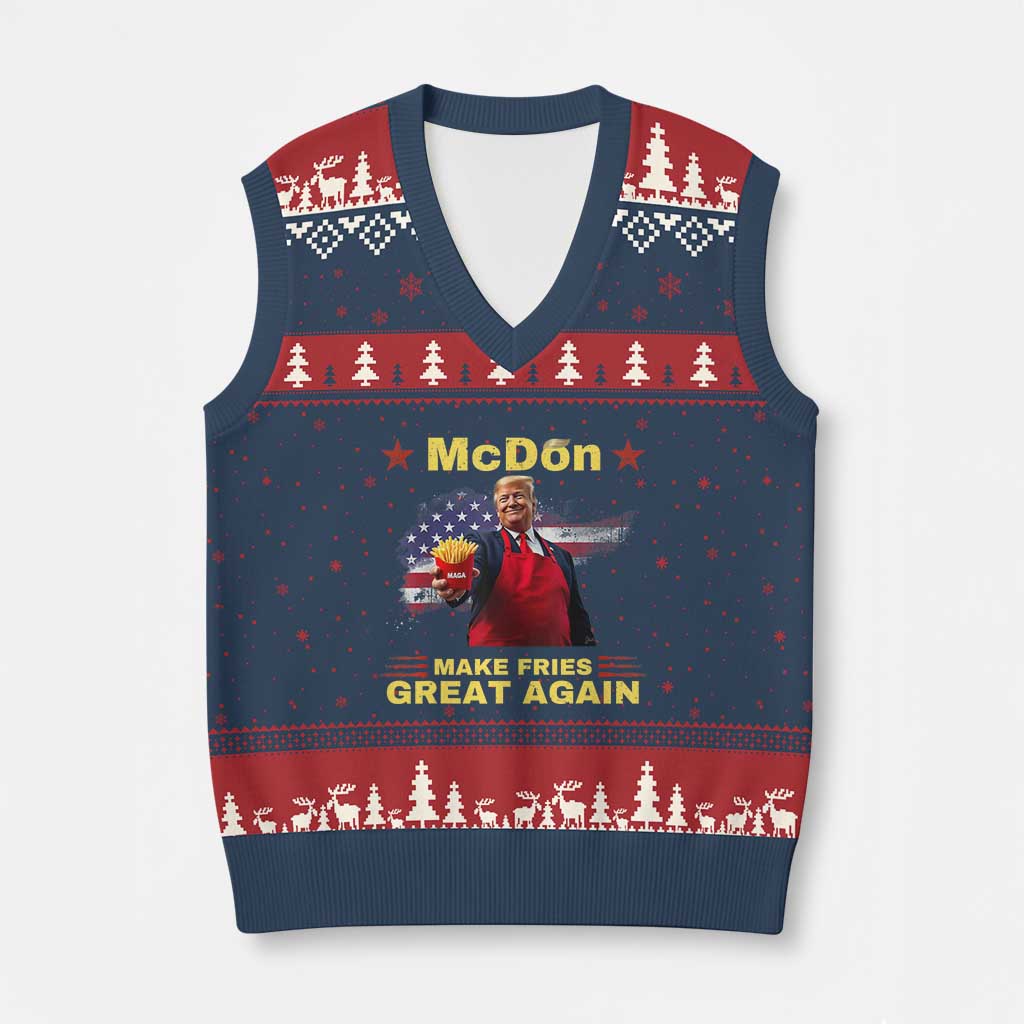 Funny Trump Friend Fry V-Neck Knit Sweater Vest McDon 2024 Make Fries Great Again TS02 Navy Red Print Your Wear