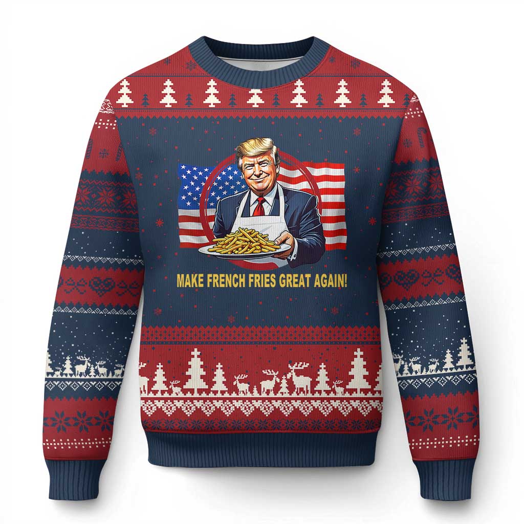 Funny Trump Fry 2024 Ugly Christmas Sweater Make French Fries Great Again American Flag TS02 Navy Red Print Your Wear
