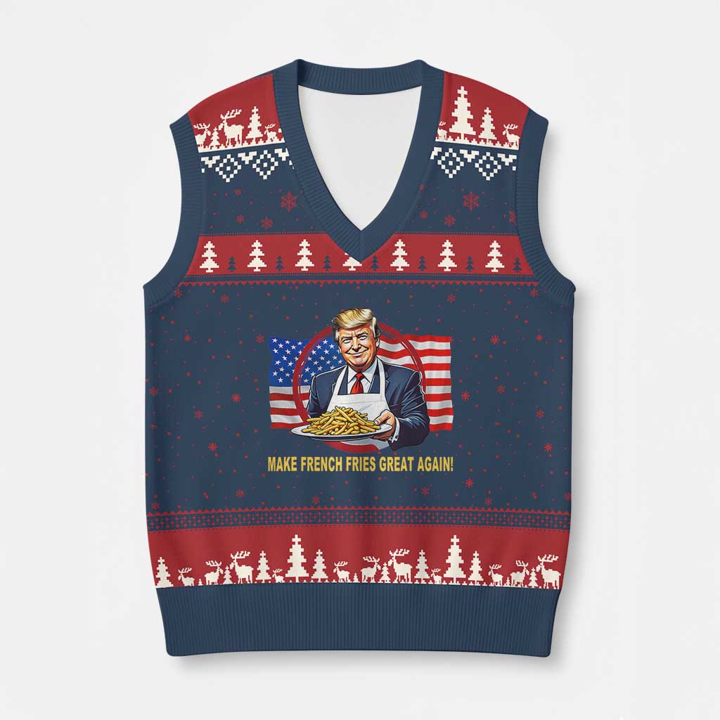Funny Trump Fry 2024 V-Neck Knit Sweater Vest Make French Fries Great Again American Flag TS02 Navy Red Print Your Wear