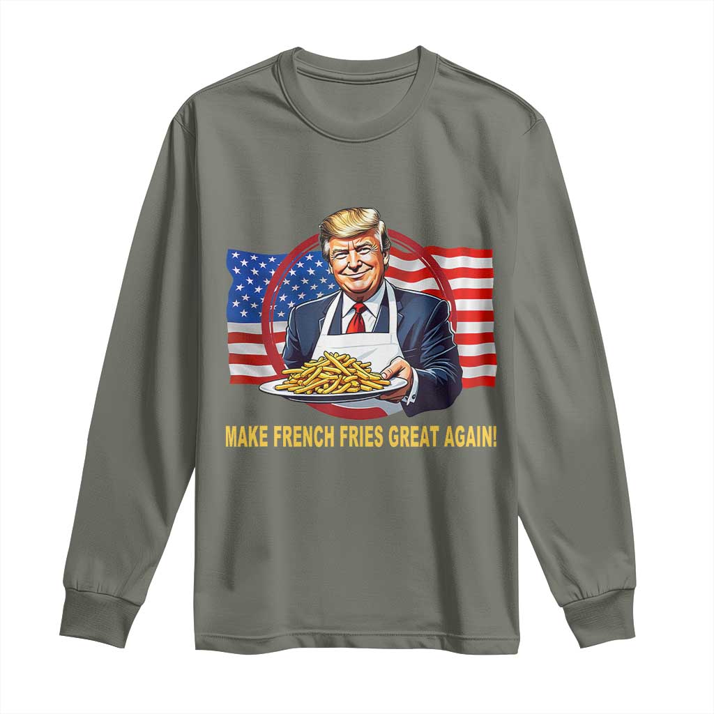 Funny Trump Fry 2024 Long Sleeve Shirt Make French Fries Great Again American Flag TS02 Military Green Print Your Wear