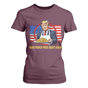 Funny Trump Fry 2024 T Shirt For Women Make French Fries Great Again American Flag TS02 Maroon Print Your Wear