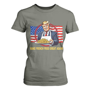 Funny Trump Fry 2024 T Shirt For Women Make French Fries Great Again American Flag TS02 Military Green Print Your Wear