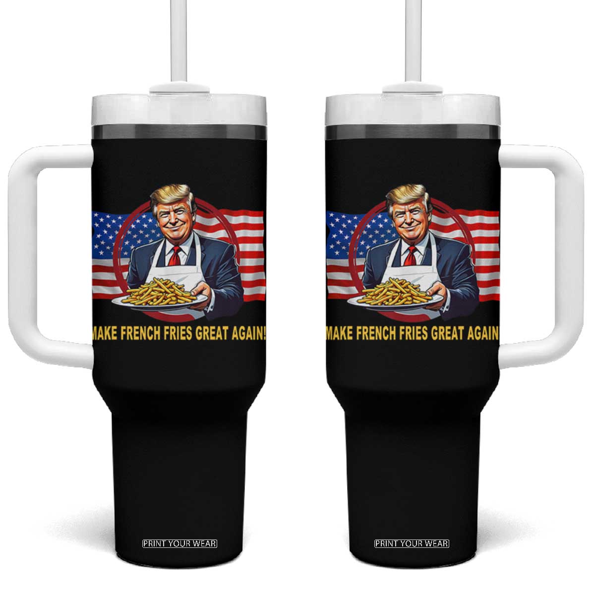 Funny Trump Fry 2024 Tumbler With Handle Make French Fries Great Again American Flag TS02 One Size: 40 oz Black Print Your Wear