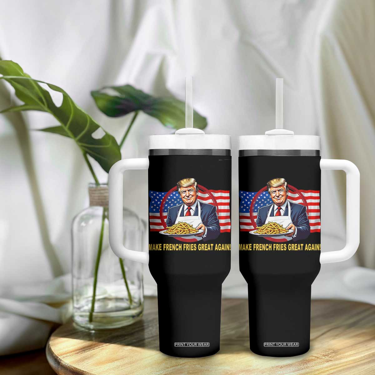 Funny Trump Fry 2024 Tumbler With Handle Make French Fries Great Again American Flag TS02 Print Your Wear