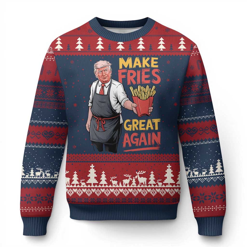 Funny Trump Fry 2024 Ugly Christmas Sweater Make Fries Great Again TS02 Navy Red Print Your Wear