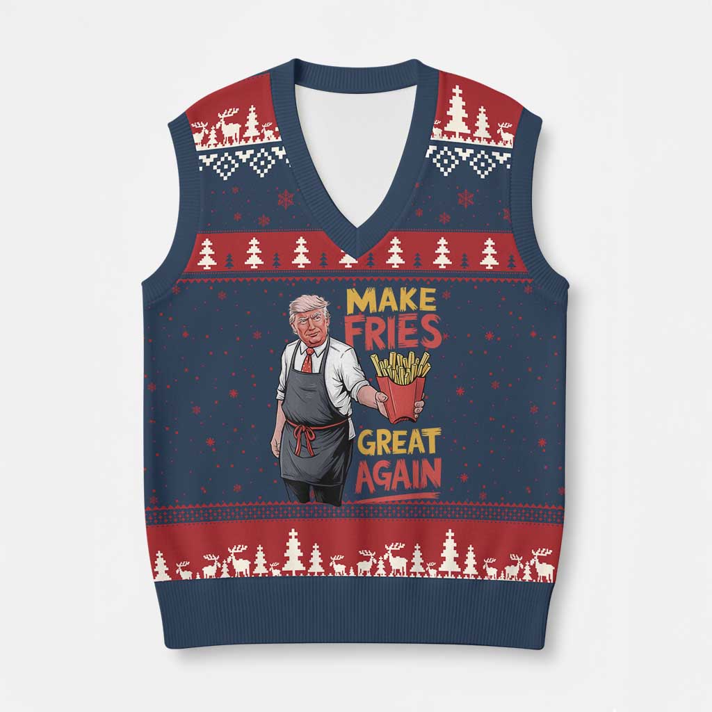 Funny Trump Fry 2024 V-Neck Knit Sweater Vest Make Fries Great Again TS02 Navy Red Print Your Wear
