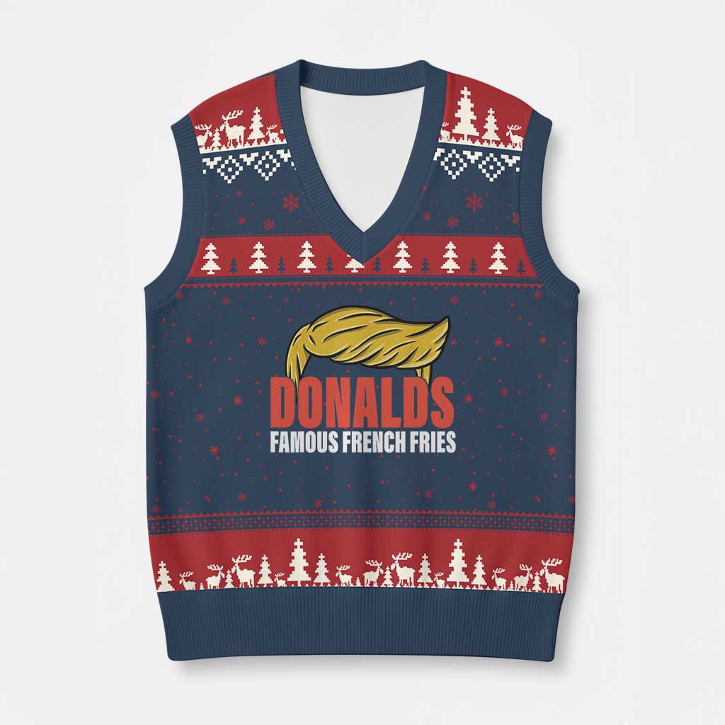 Funny Donalds Famous French Fries V-Neck Knit Sweater Vest Trump 2024 Cooks and Serving Fry TS02 Navy Red Print Your Wear