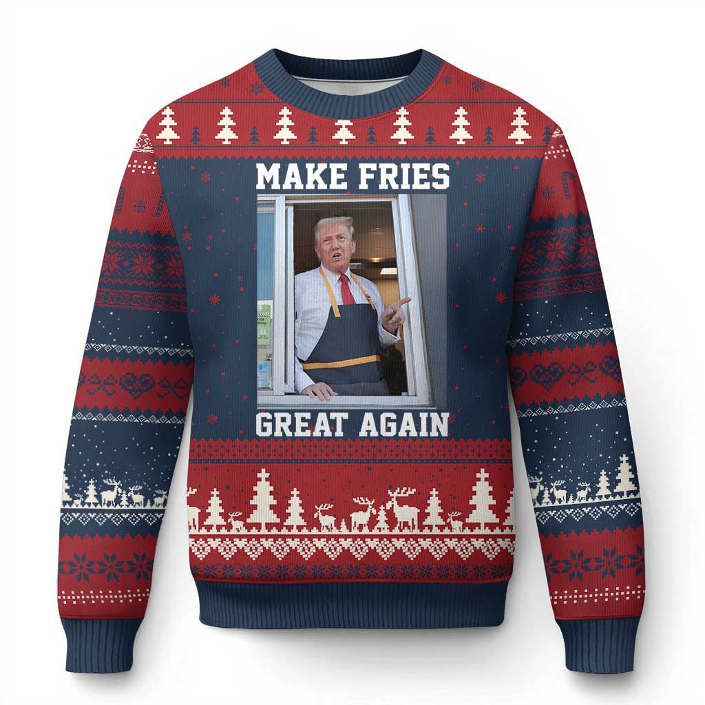 Funny Trump Serving Fry Ugly Christmas Sweater Make Fries Great Again Donald Trump 2024 TS02 Navy Red Print Your Wear