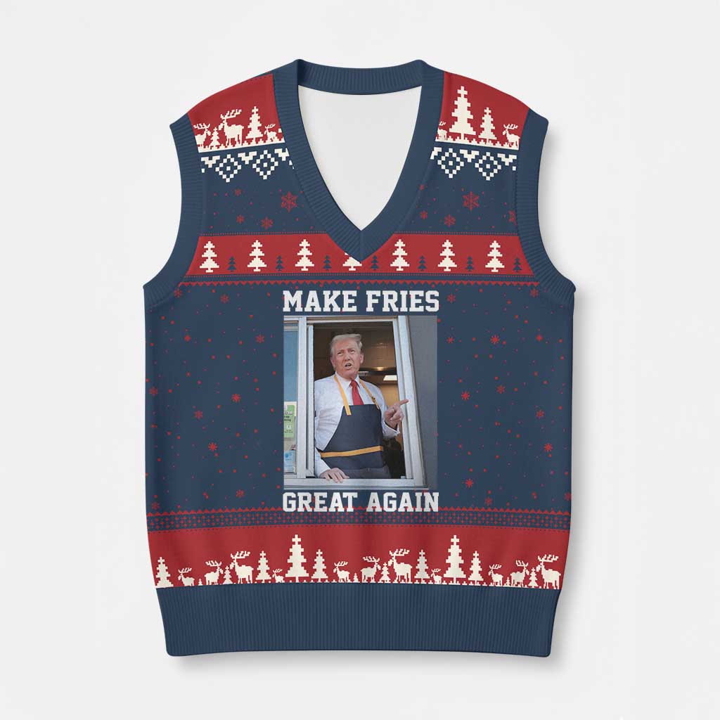 Funny Trump Serving Fry V-Neck Knit Sweater Vest Make Fries Great Again Donald Trump 2024 TS02 Navy Red Print Your Wear