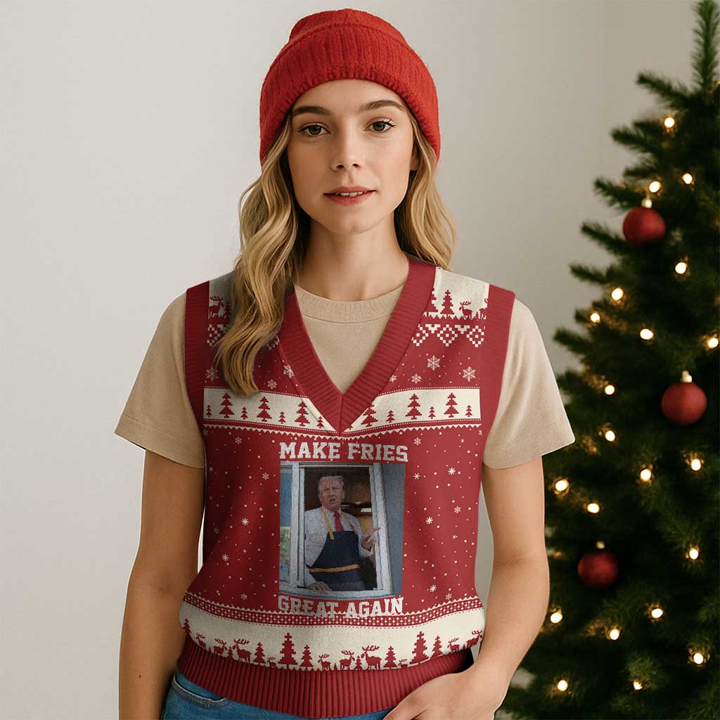 Funny Trump Serving Fry V-Neck Knit Sweater Vest Make Fries Great Again Donald Trump 2024 TS02 Red Beige Print Your Wear