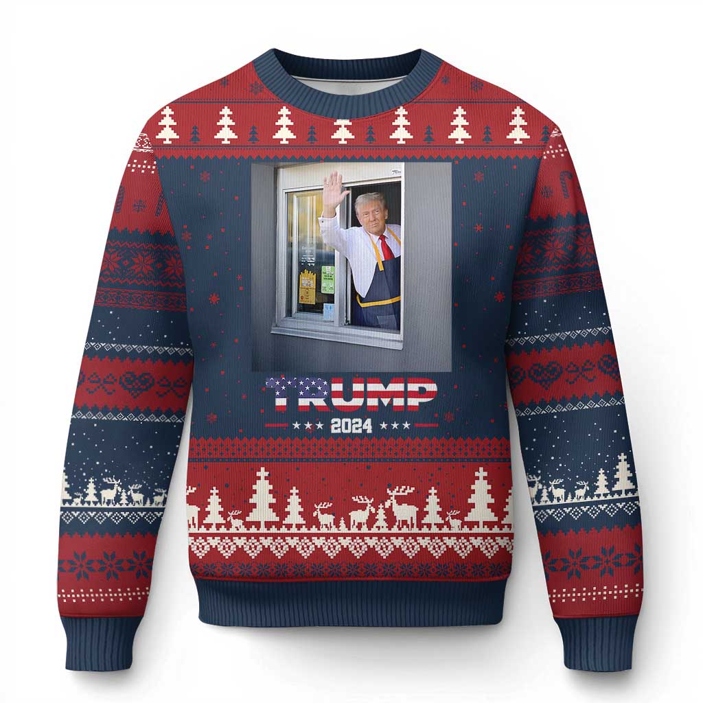 Funny Trump Serving Fry 2024 Ugly Christmas Sweater Works Drive-thru Serving French Fries TS02 Navy Red Print Your Wear