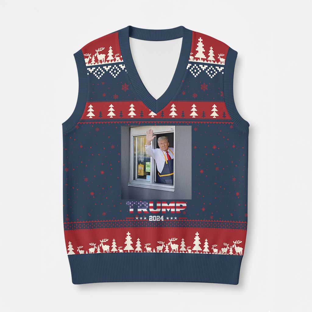 Funny Trump Serving Fry 2024 V-Neck Knit Sweater Vest Works Drive-thru Serving French Fries TS02 Navy Red Print Your Wear