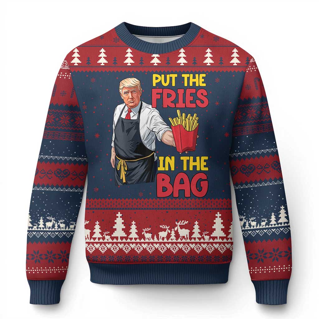 Funny Trump French Fries 2024 Ugly Christmas Sweater Put The Fries In The Bag Fast Food Worker TS02 Navy Red Print Your Wear