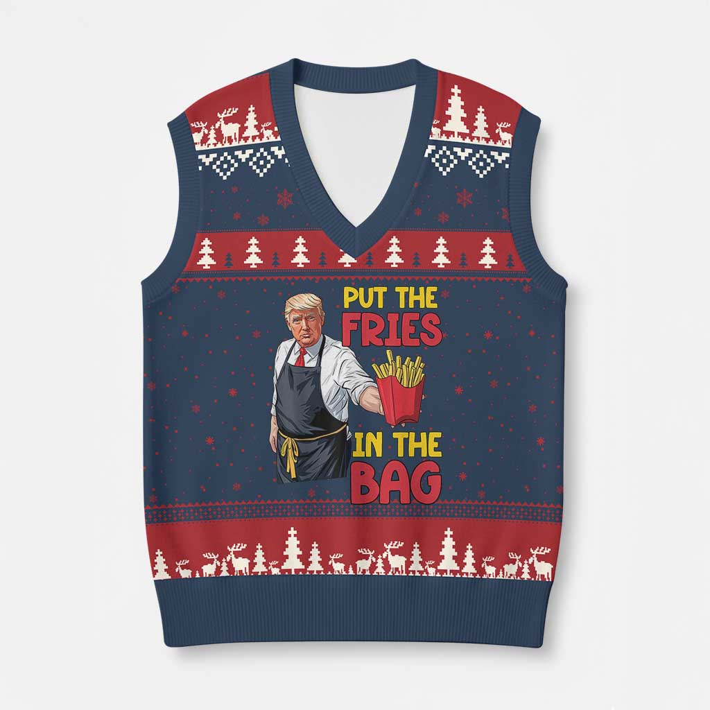Funny Trump French Fries 2024 V-Neck Knit Sweater Vest Put The Fries In The Bag Fast Food Worker TS02 Navy Red Print Your Wear