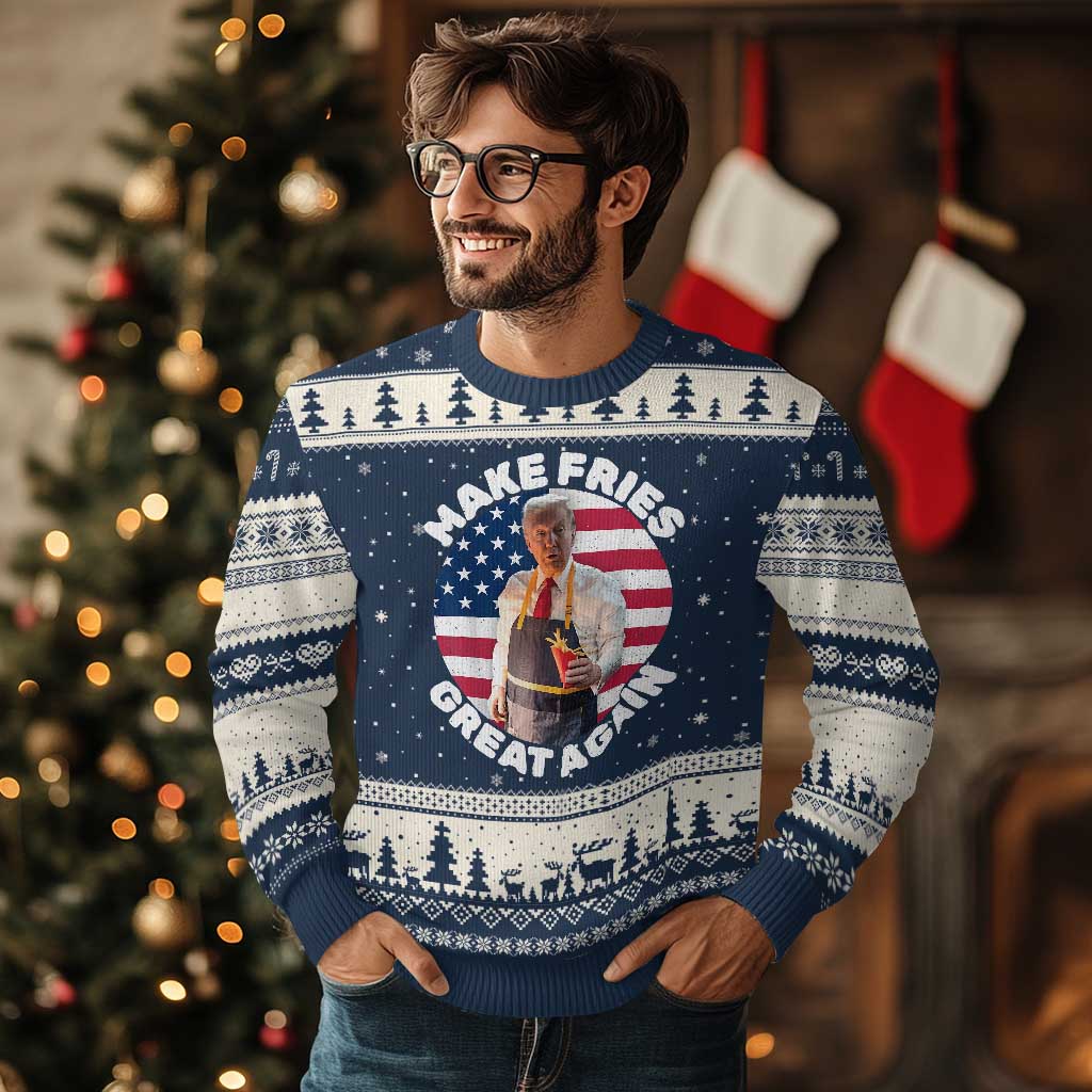 Funny Trump Fry 2024 Ugly Christmas Sweater Make Fries Great Again American Flag TS02 Navy Beige Print Your Wear