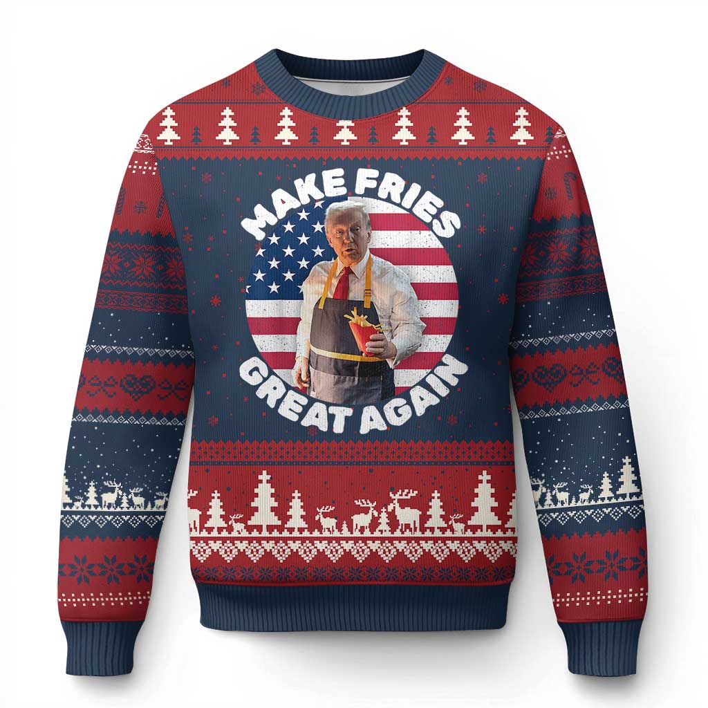 Funny Trump Fry 2024 Ugly Christmas Sweater Make Fries Great Again American Flag TS02 Navy Red Print Your Wear