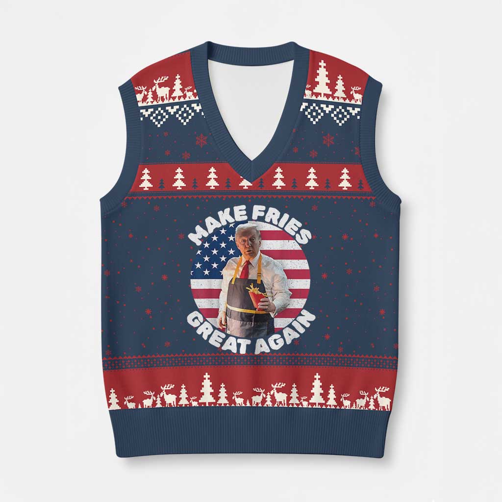 Funny Trump Fry 2024 V-Neck Knit Sweater Vest Make Fries Great Again American Flag TS02 Navy Red Print Your Wear