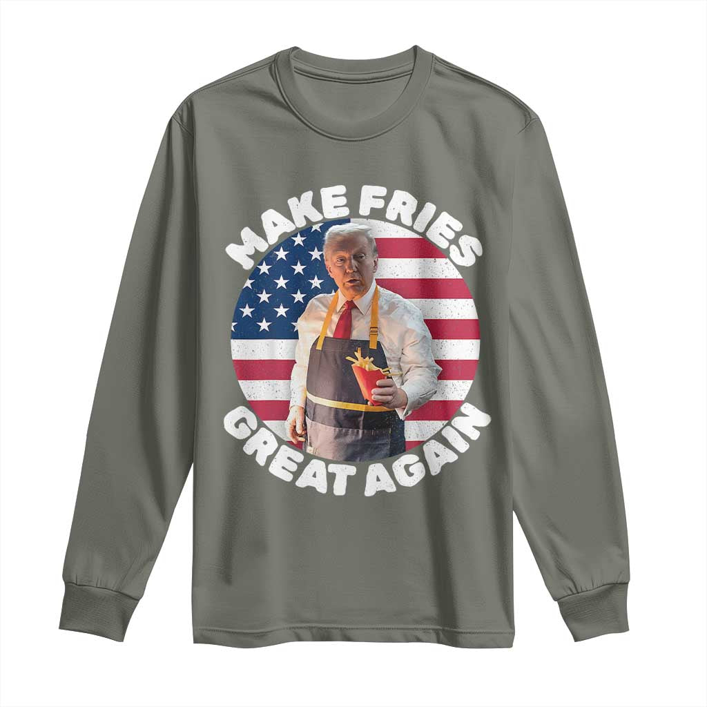 Funny Trump Fry 2024 Long Sleeve Shirt Make Fries Great Again American Flag TS02 Military Green Print Your Wear