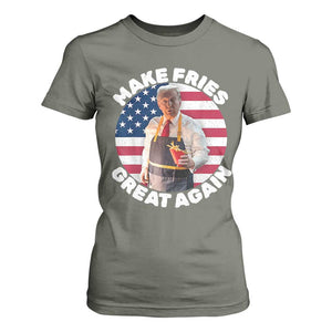 Funny Trump Fry 2024 T Shirt For Women Make Fries Great Again American Flag TS02 Military Green Print Your Wear