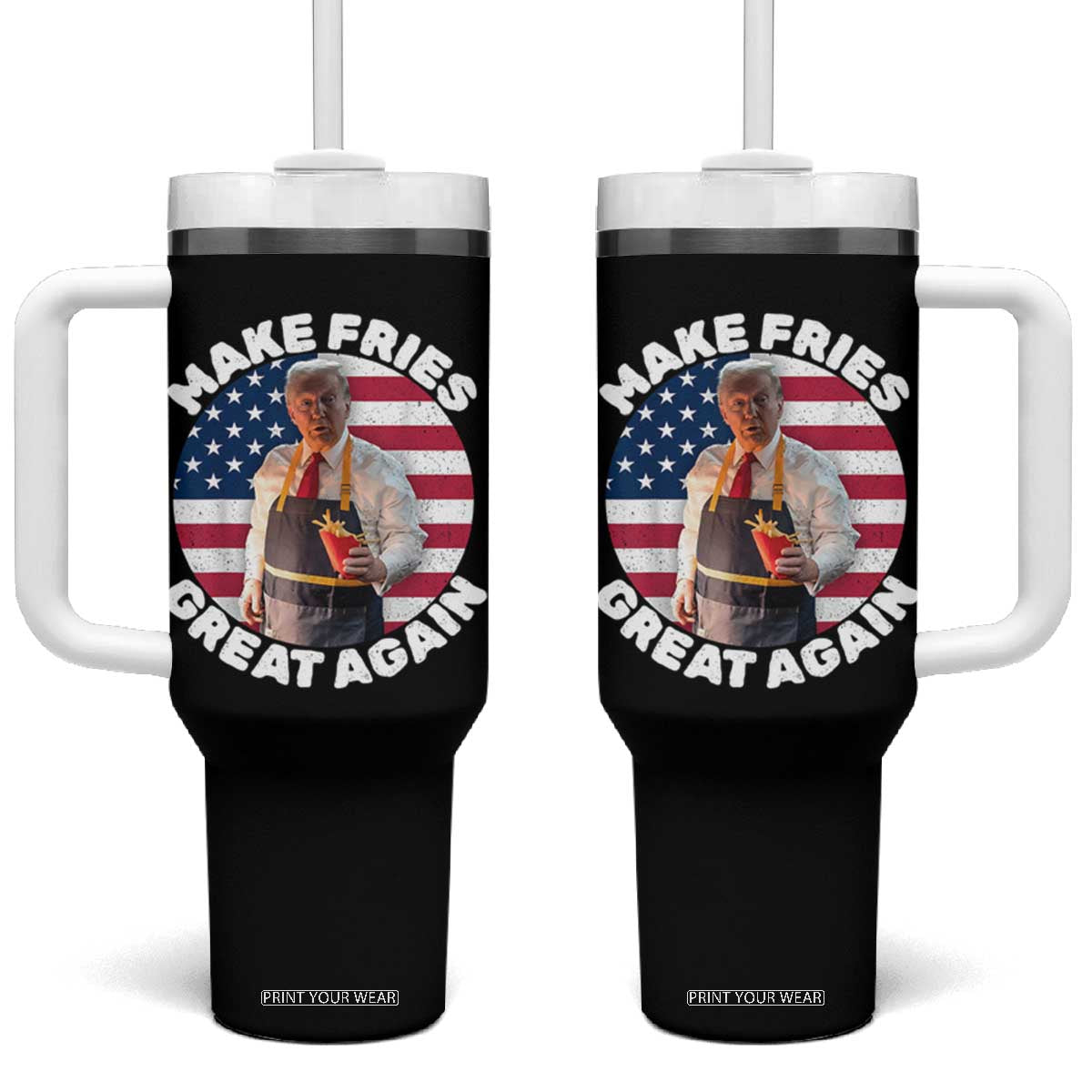 Funny Trump Fry 2024 Tumbler With Handle Make Fries Great Again American Flag TS02 One Size: 40 oz Black Print Your Wear