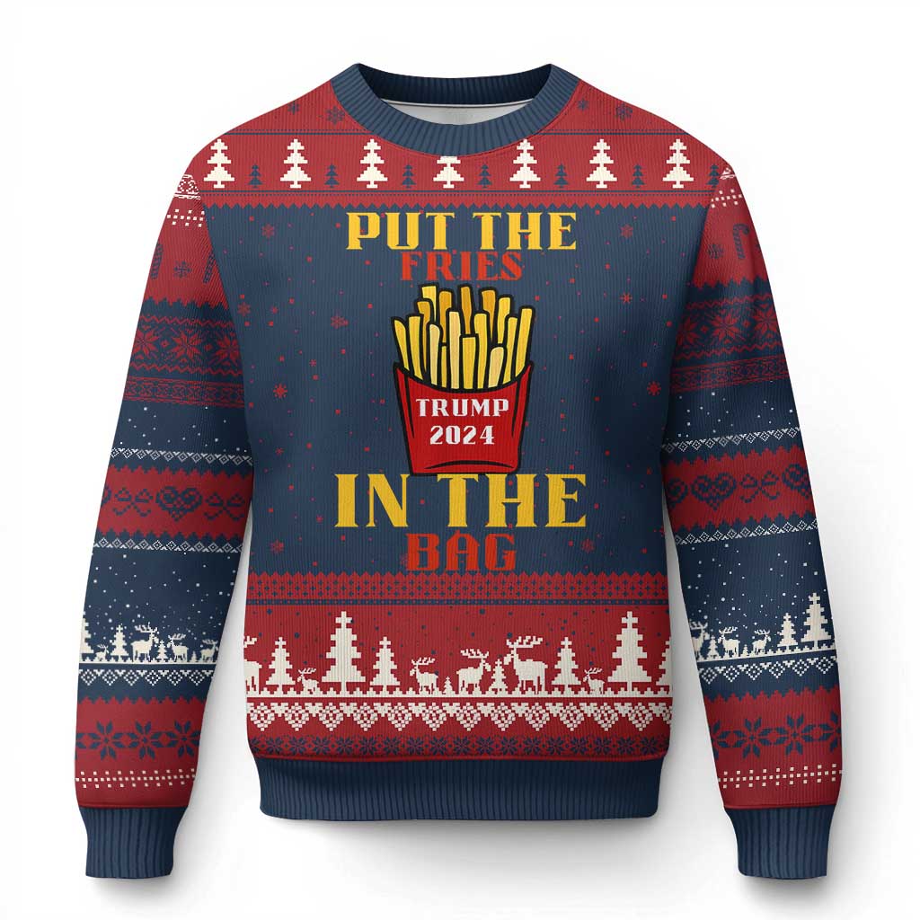 Funny Trump French Fry 2024 Ugly Christmas Sweater Put The Fries In The Bag Fast Food TS02 Navy Red Print Your Wear