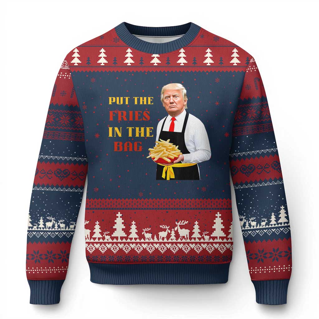Funny Trump French Fry Ugly Christmas Sweater Put The Fries In The Bag 2024 Fast Food Worker TS02 Navy Red Print Your Wear