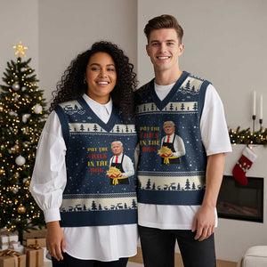 Funny Trump French Fry V-Neck Knit Sweater Vest Put The Fries In The Bag 2024 Fast Food Worker TS02 Navy Beige Print Your Wear