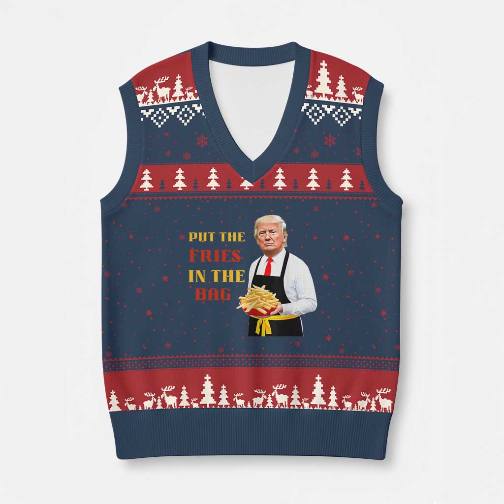 Funny Trump French Fry V-Neck Knit Sweater Vest Put The Fries In The Bag 2024 Fast Food Worker TS02 Navy Red Print Your Wear