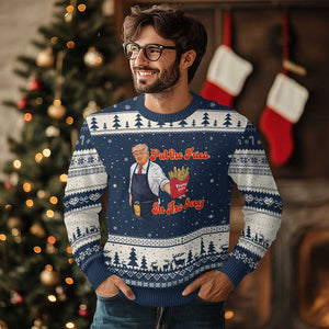 Funny Trump French Fry Ugly Christmas Sweater Fast Food Put The Fries In The Bag TS02 Navy Beige Print Your Wear
