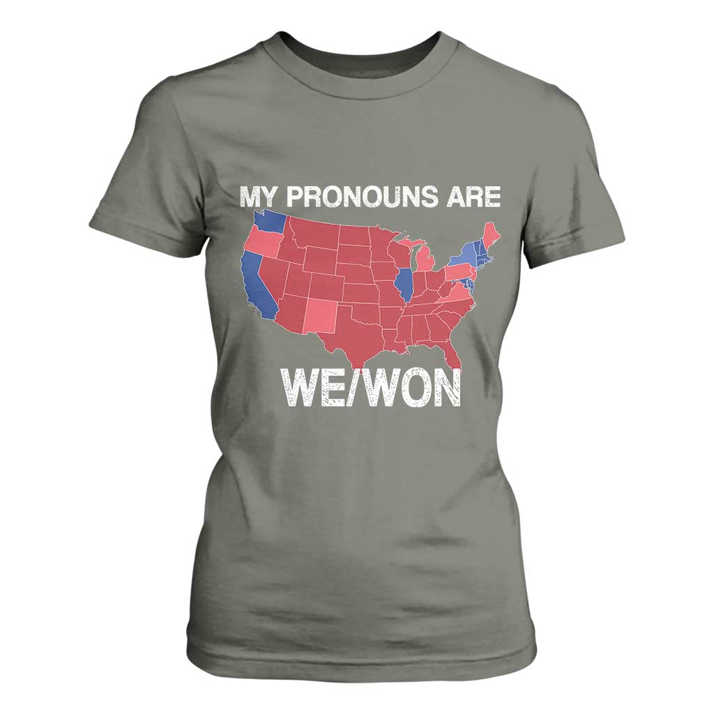 Funny Pronouns 2024 T Shirt For Women My Pronouns Are We Won Trump Supporters Red States America Map TS02 Military Green Print Your Wear