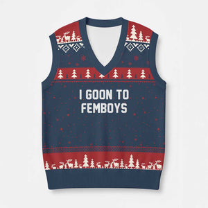 I Goon to Femboys V-Neck Knit Sweater Vest Funny Adult Humor Internet Meme Culture TS02 Navy Red Print Your Wear