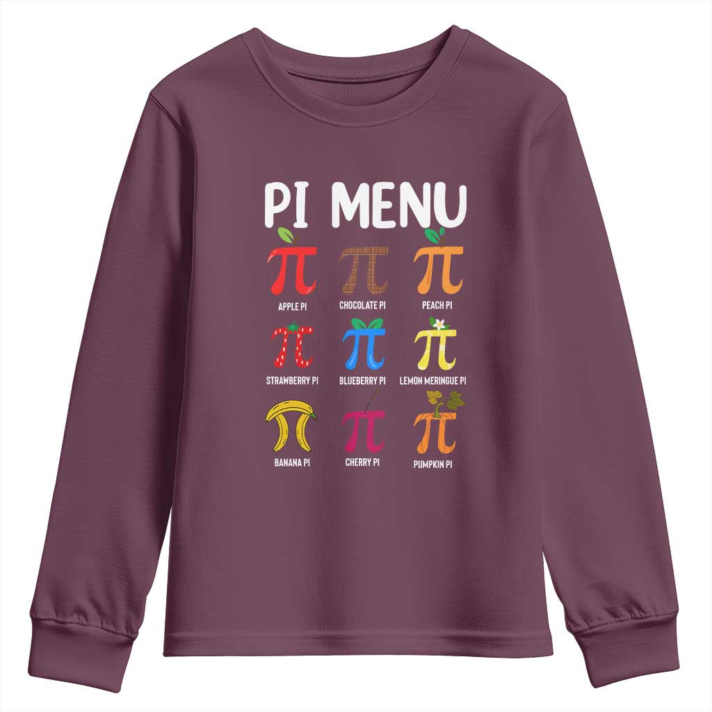 Funny Number Pi Youth Sweatshirt Pi Menu 3.14 Pi Symbol - Math Teacher Happy Pi Day TS02 Maroon Print Your Wear
