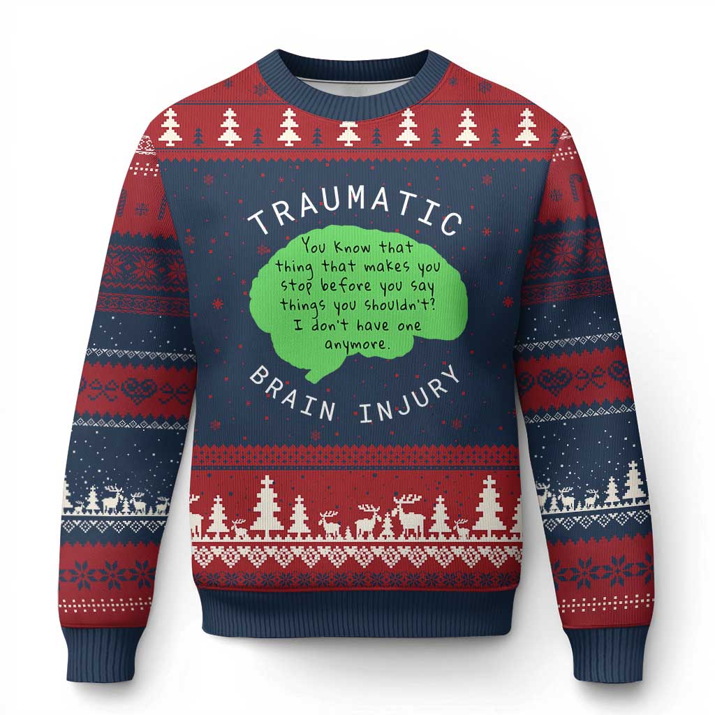 Traumatic Brain Injury Awareness Ugly Christmas Sweater TBI Support TS02 Navy Red Print Your Wear