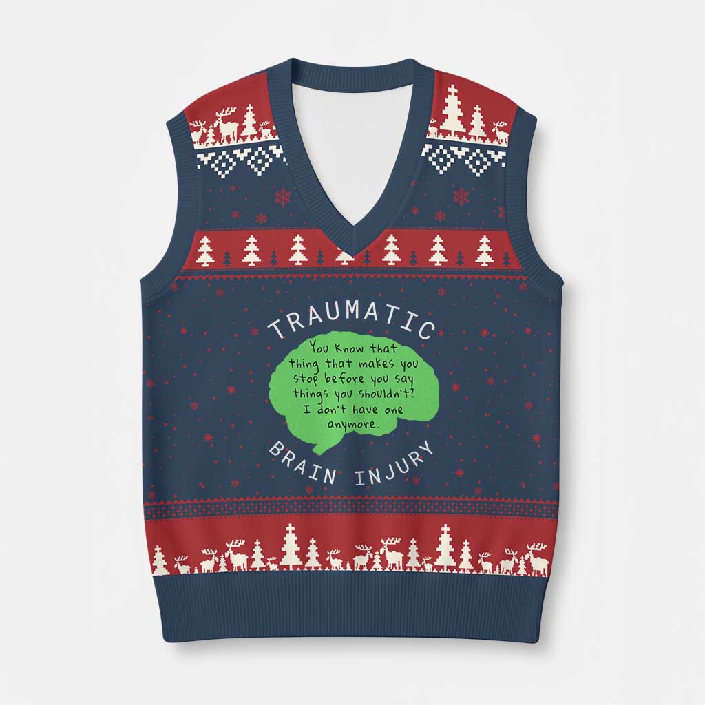 Traumatic Brain Injury Awareness V-Neck Knit Sweater Vest TBI Support TS02 Navy Red Print Your Wear
