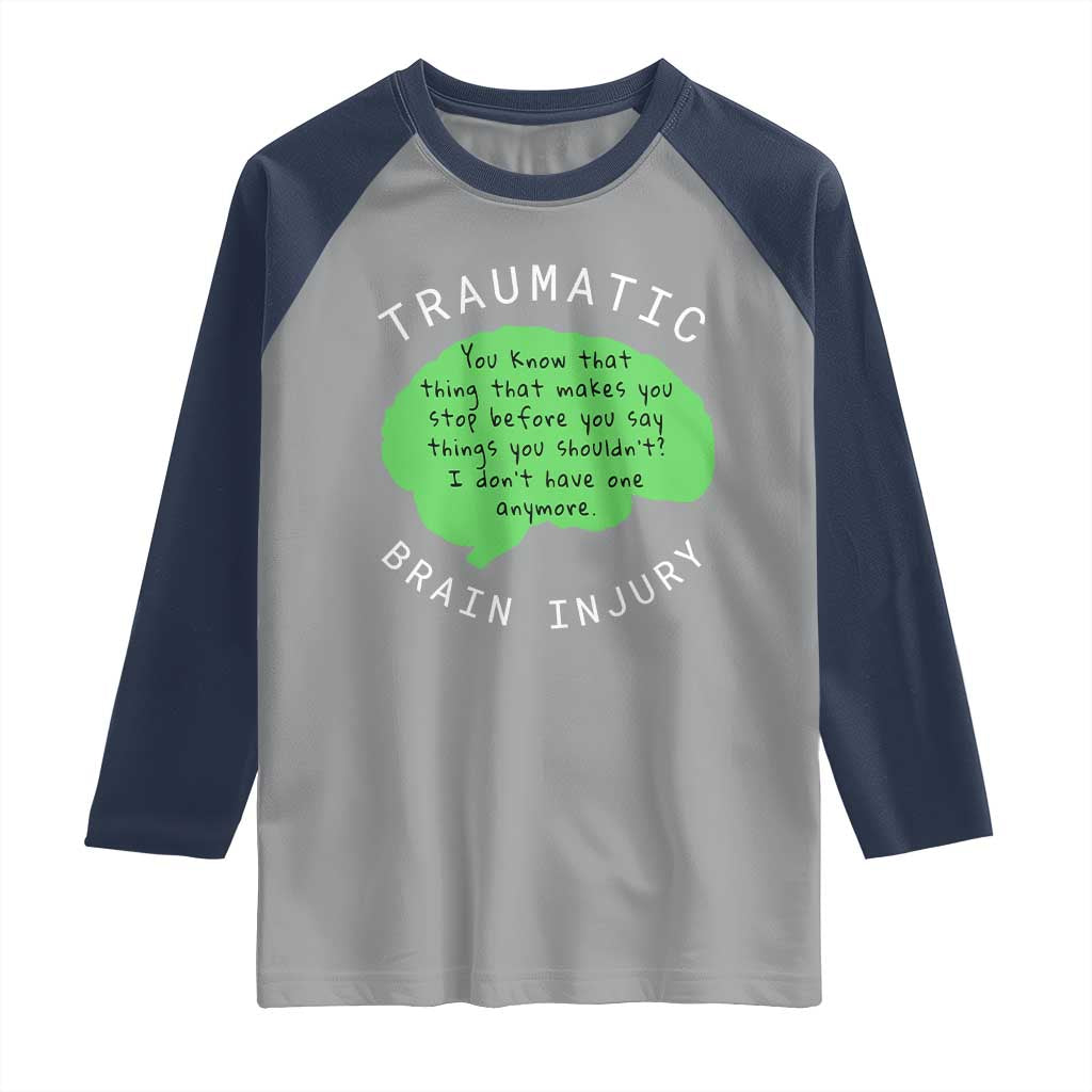 Traumatic Brain Injury Awareness Raglan Shirt TBI Support TS02 Sport Gray Navy Print Your Wear