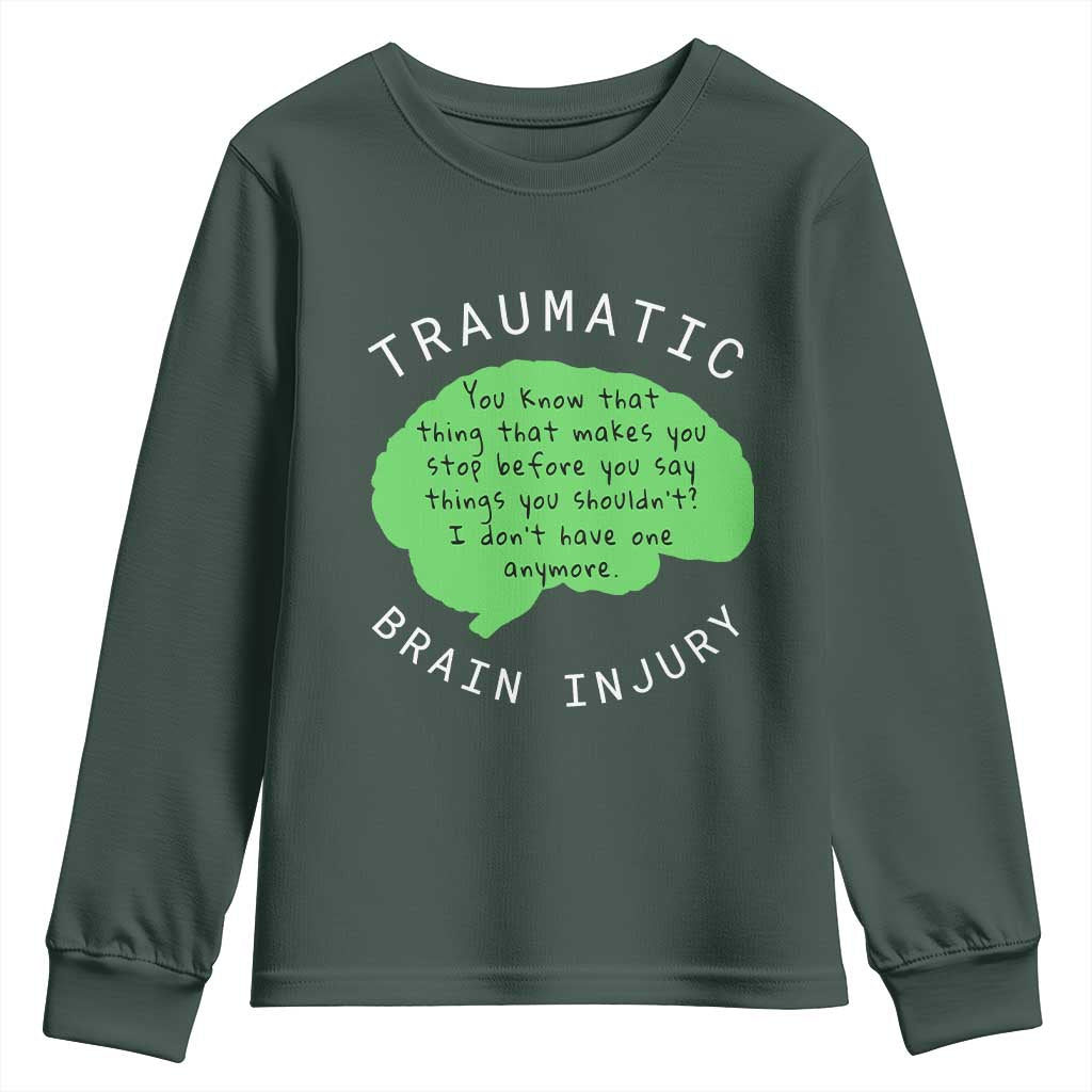 Traumatic Brain Injury Awareness Youth Sweatshirt TBI Support TS02 Dark Forest Green Print Your Wear