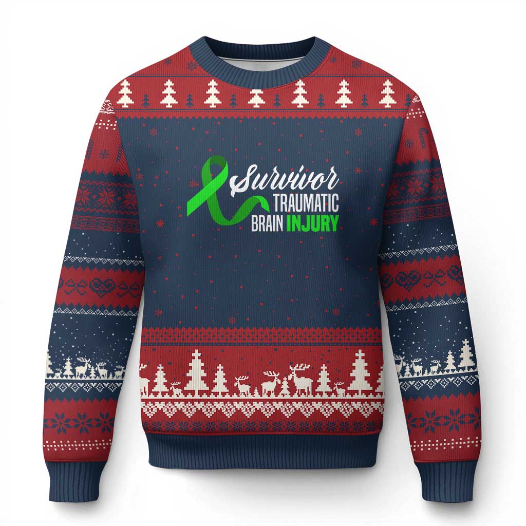 Traumatic Brain Injury Awareness Ugly Christmas Sweater TBI Survivor TS02 Navy Red Print Your Wear