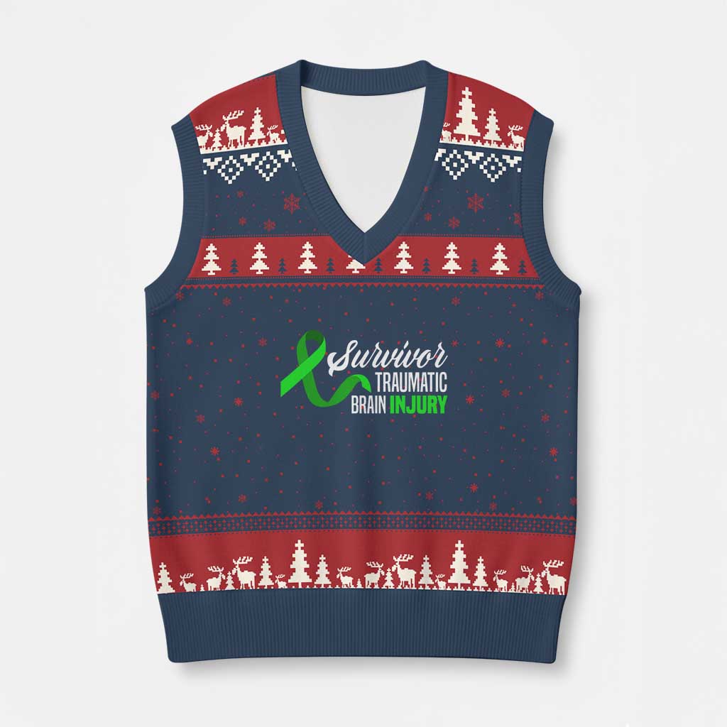 Traumatic Brain Injury Awareness V-Neck Knit Sweater Vest TBI Survivor TS02 Navy Red Print Your Wear