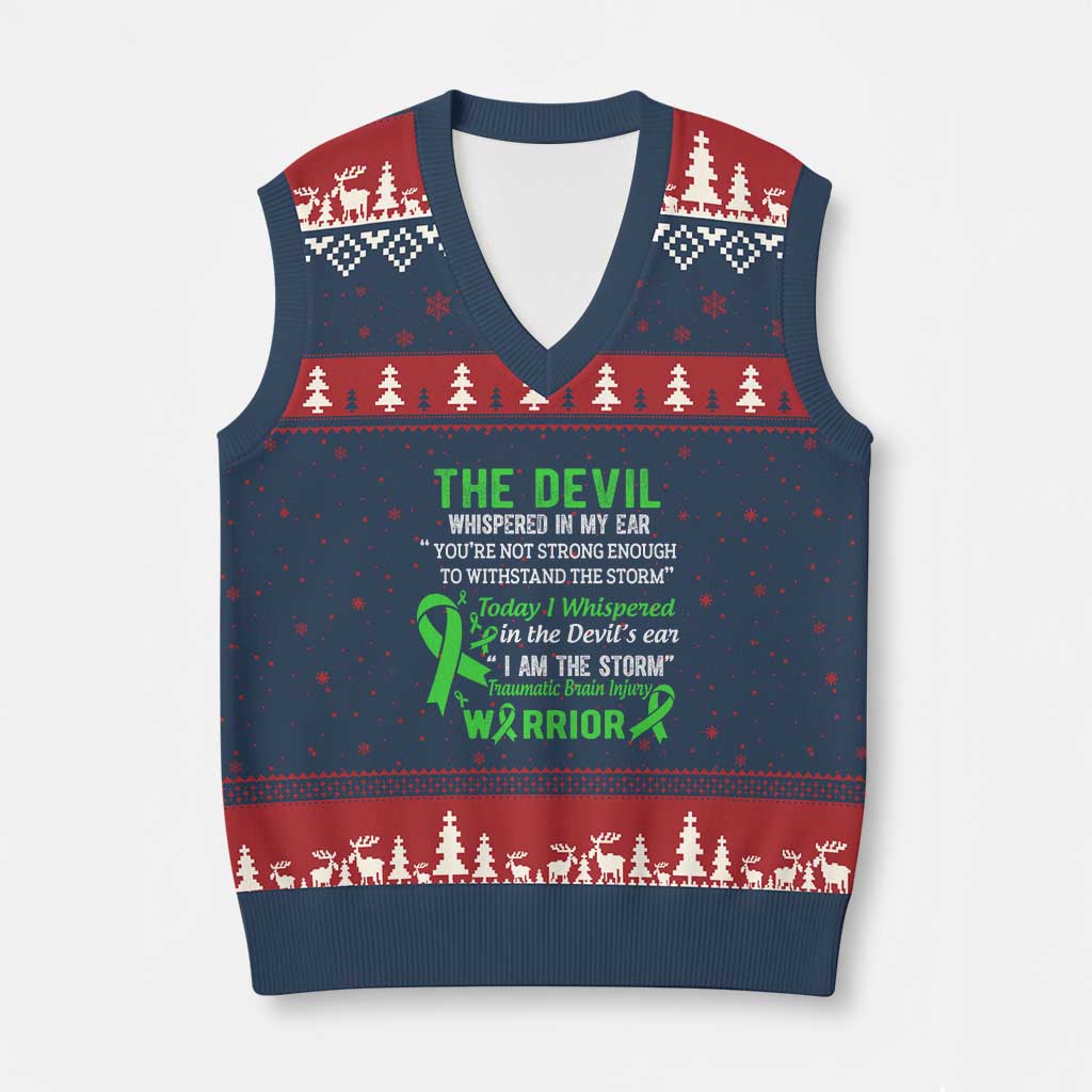 Traumatic Brain Injury Awareness V-Neck Knit Sweater Vest I Am The Storm TBI Warrior TS02 Navy Red Print Your Wear