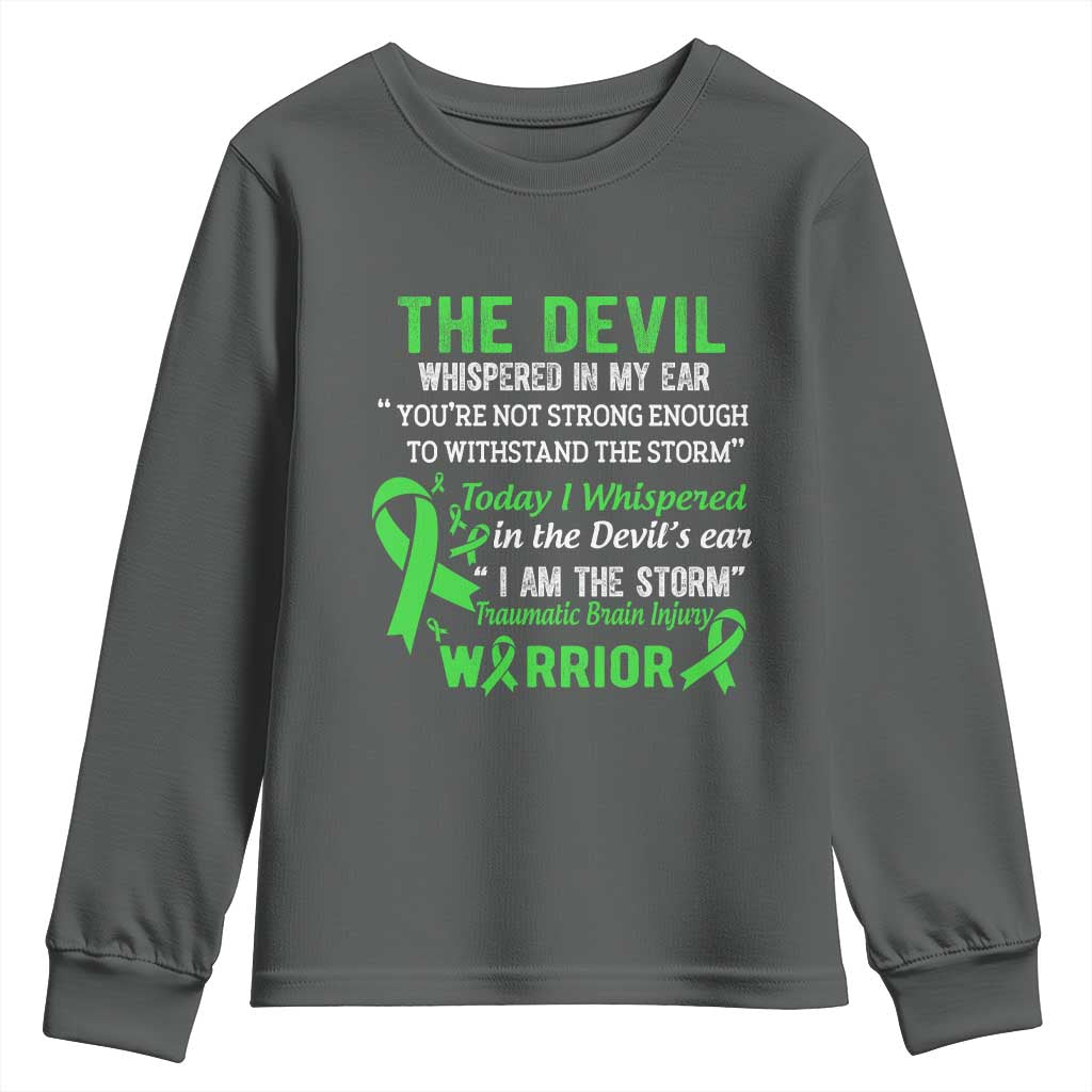 Traumatic Brain Injury Awareness Youth Sweatshirt I Am The Storm TBI Warrior TS02 Dark Heather Print Your Wear