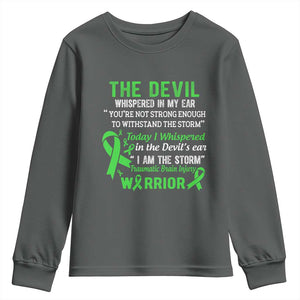 Traumatic Brain Injury Awareness Youth Sweatshirt I Am The Storm TBI Warrior TS02 Dark Heather Print Your Wear