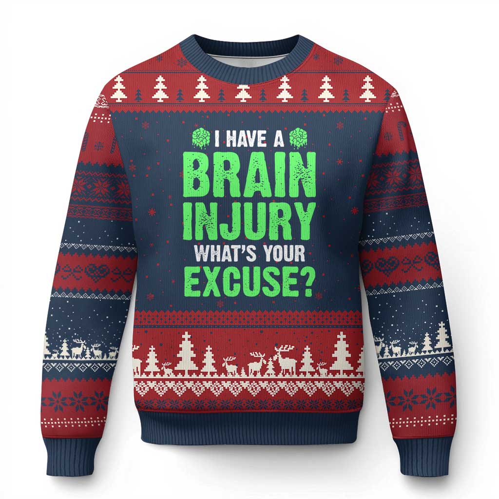 Traumatic Brain Injury Awareness Ugly Christmas Sweater I Have A Brain Injury What's Your Excuse TBI Warrior TS02 Navy Red Print Your Wear