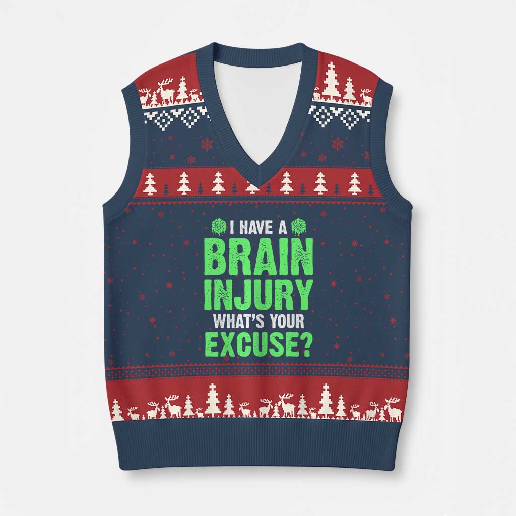 Traumatic Brain Injury Awareness V-Neck Knit Sweater Vest I Have A Brain Injury What's Your Excuse TBI Warrior TS02 Navy Red Print Your Wear