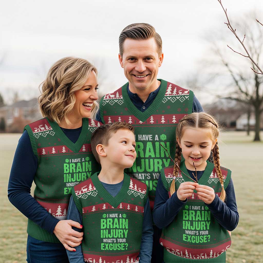 Traumatic Brain Injury Awareness V-Neck Knit Sweater Vest I Have A Brain Injury What's Your Excuse TBI Warrior TS02 Red Green Print Your Wear